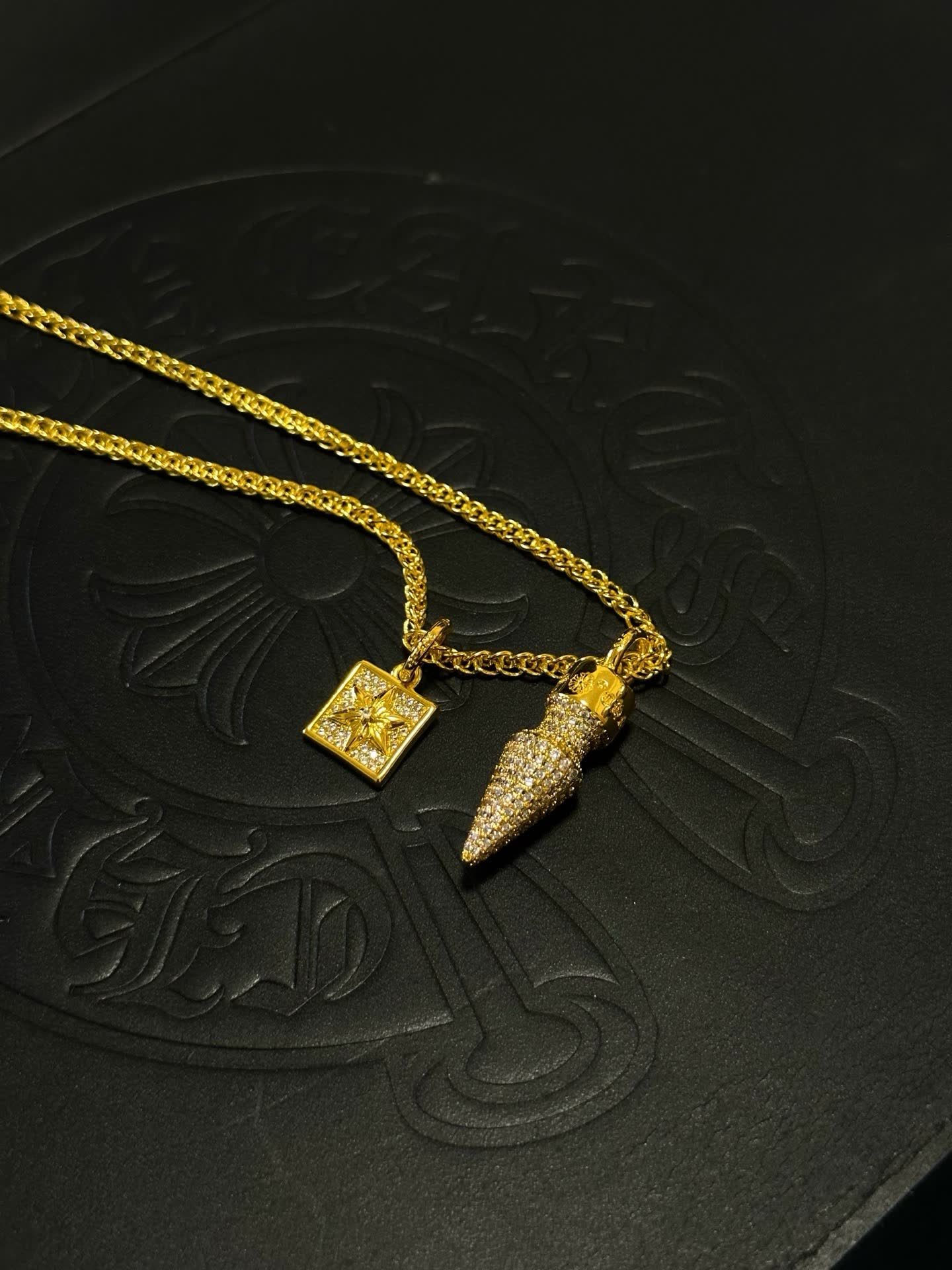 Chrome Hearts Gold Plated Diamond-Studded Necklace with Star and Spike Pendant
